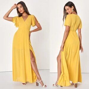 Lulus Much Obliged Golden Yellow Wrap Maxi Dress | Small